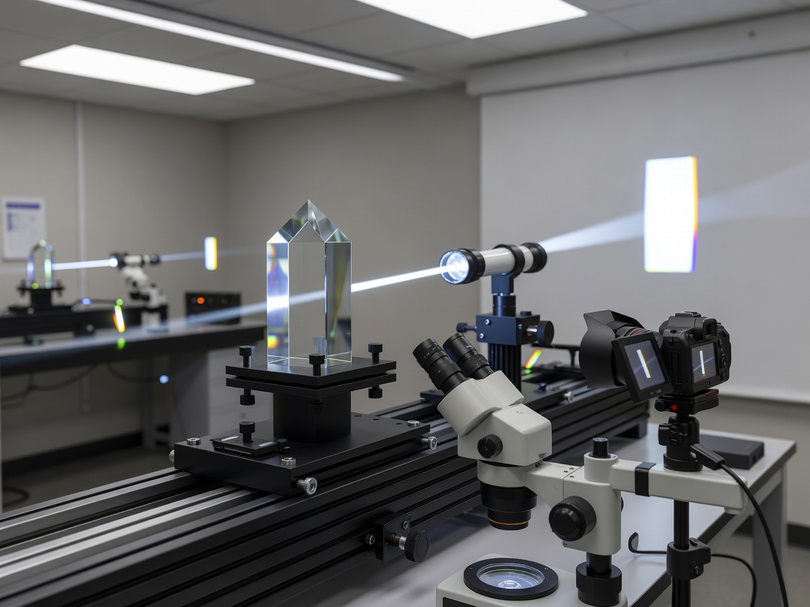 Optical bench test inspecting periscope prism reflection and chromatic aberration