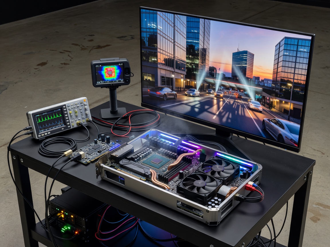 Workstation mobile GPU benchmarking station running ray tracing demo